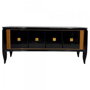 Credenza Italiana Art Deco Anni ’40 Ebanizzata Nera con Dettagli in Acero Chiaro